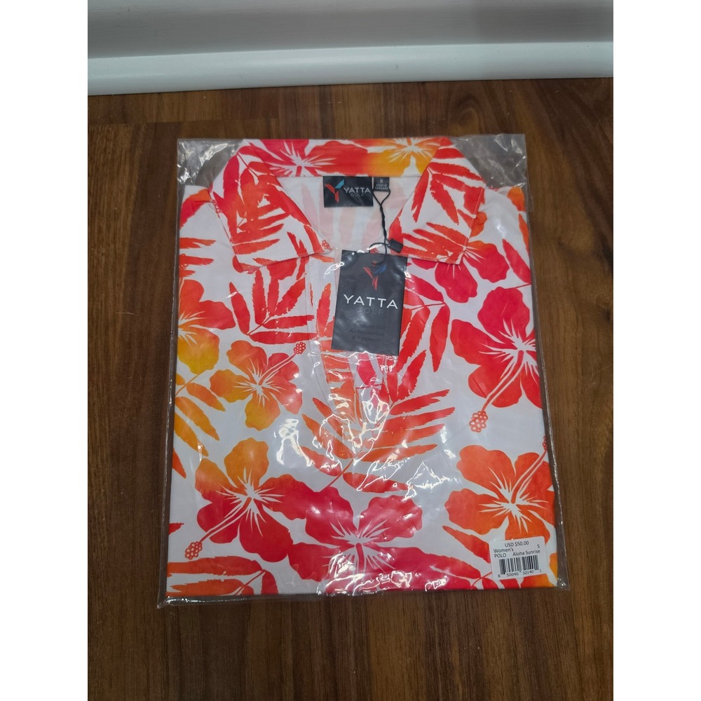 NWT Yatta Golf Polo Small Aloha Sunrise Orange Pink White Floral Hibiscus - Picture 2 of 4